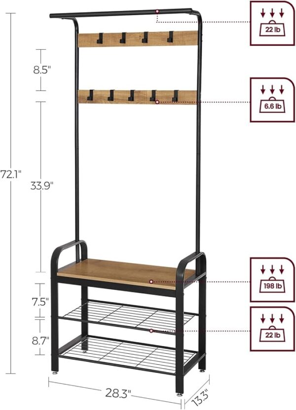 VASAGLE Coat Rack, Hall Tree with Shoe Bench for Entryway - Image 3