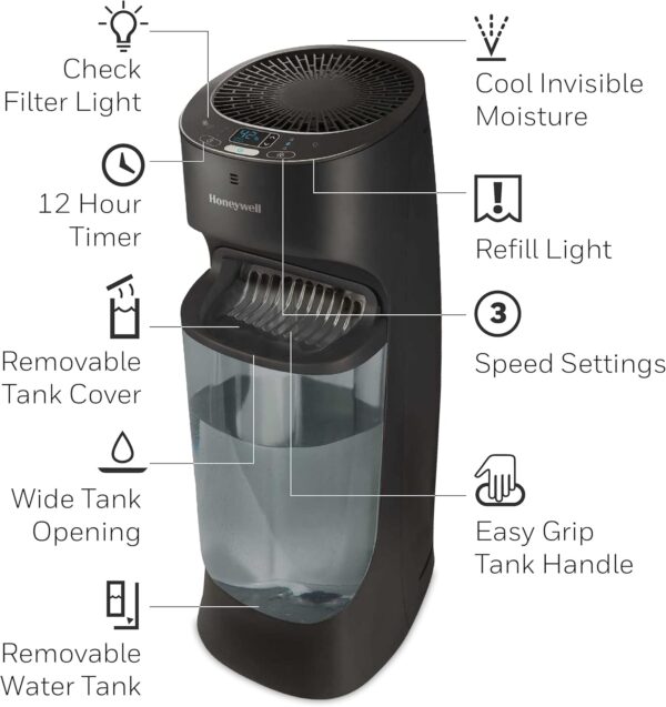 Honeywell Top Fill Tower Humidifier, Digital Humidistat, Black - Image 7