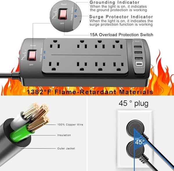 Surge Protector Power Strip - Nuetsa Flat Plug Extension Cord - Image 3