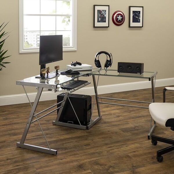 Walker Edison Ellis Modern Glass Top L Shaped Corner Gaming Desk - Image 4