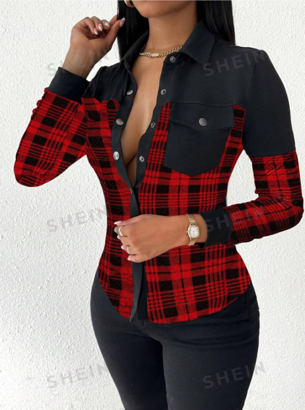 SHEIN VaVaLuxe Women's Plaid Print Button-Down Long Sleeve Shirt